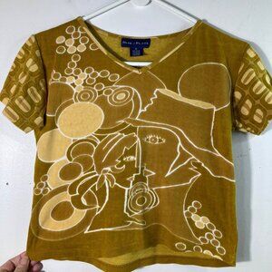 Womens Blue Plate V Neck Tee Shirt Woman Man Geometric Faces‎ M Gold White Rayon